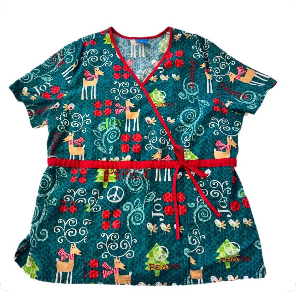 Scrub HQ Holiday Reindeer Scrub Top Women XL Teal Peace Joy Mock Wrap‎ - Picture 5 of 11